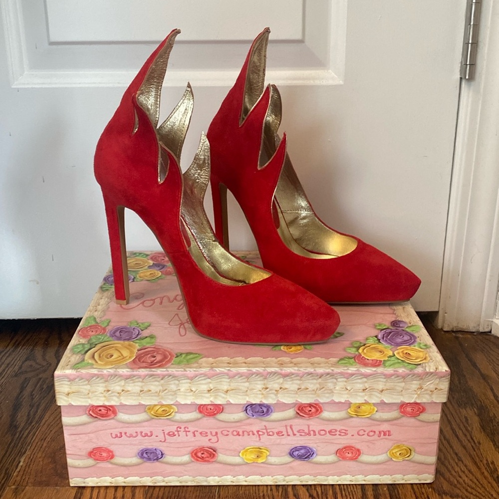 FLAMBAE RED SUEDE FLAME STILETTOS